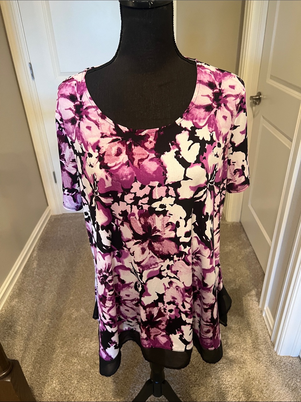Cato Purple, White & Black Floral Scoop Neck Tunic Size 14/16W